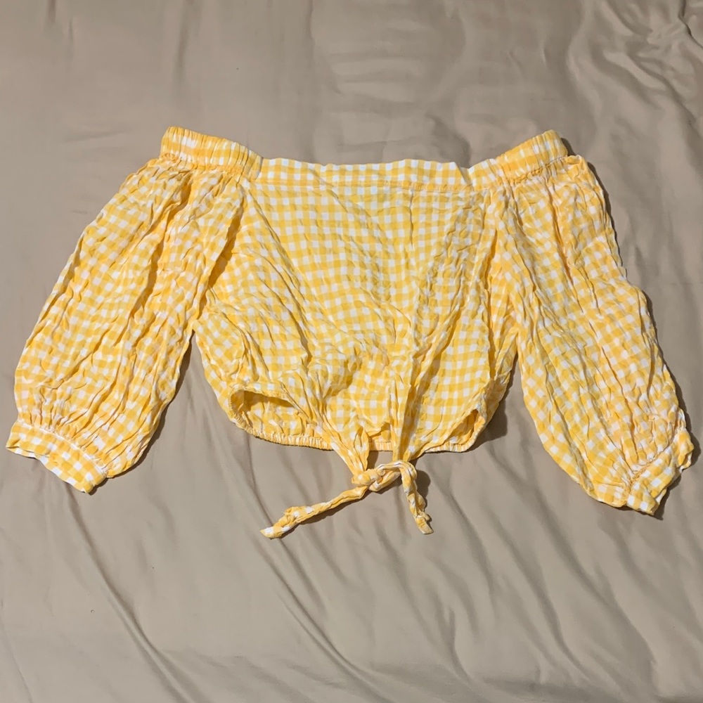 Forever 21 Yellow + White Checkered Off Shoulder Top